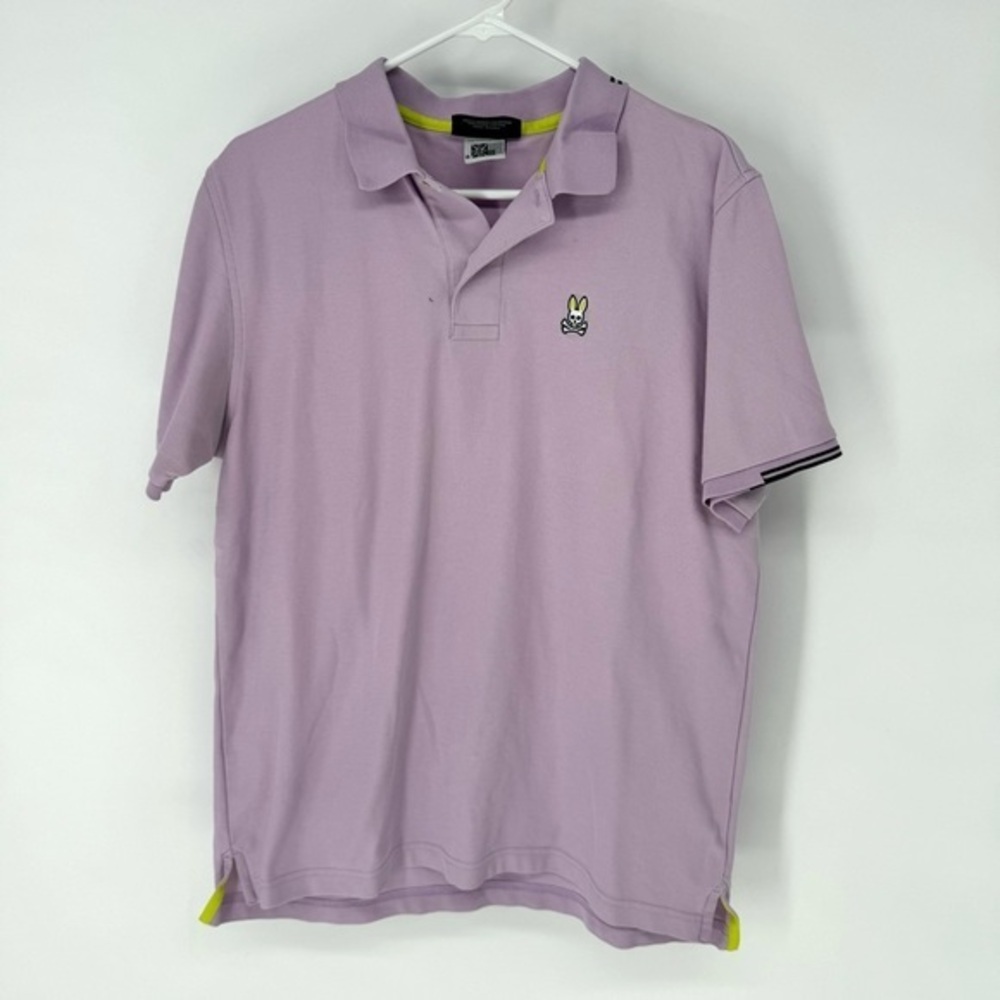 Psycho Bunny lavender black trim, and neon, yellow preppy Polo Shirt size 6